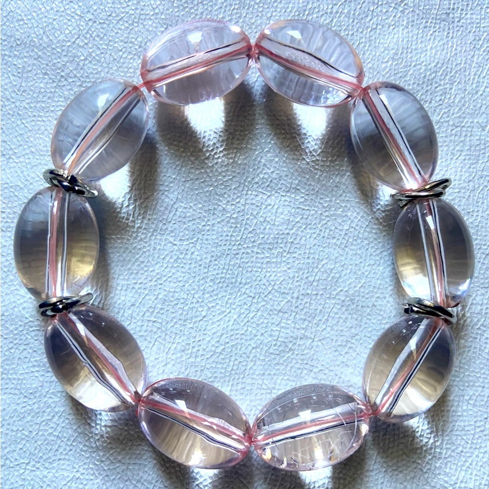 Clear stone bracelet with pink ribbon & silver hardware